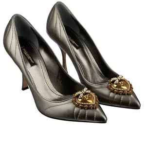 DOLCE & GABBANA Leather Heart Pearl Brooch Pumps DEVOTION Silver Green 39 - Picture 1 of 7