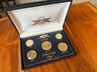 1999 24kt Gold Plated US Mint Proof 5 Coin Set Display Box - Image 1 of 3