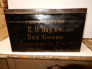 ANTIQUE TIN ADVERTISING GROCERY CARRIER BIXBY ARCADE NY CA. 1860 - Picture 1 of 6