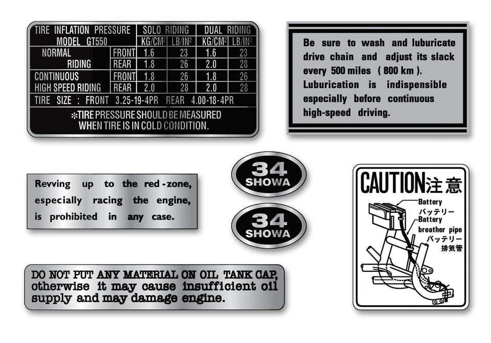 Suzuki 1972 GT550J  7 Piece Warning and Service Label Decal Set Foto 1 de 1