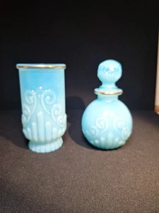 Vintage Avon Bristol opalisierend blau Glas Goldrand Waschtisch Parfüm, Pinselbecher - Bild 1 von 7