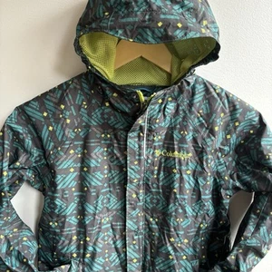 Columbia Fast & Curious Kids Rain Jacket S Green Geo Waterproof Gorpcore Hiking - Picture 1 of 16