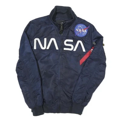 ALPHA INDUSTRIES Mens Navy Blue Flight Jacket S Polyester NASA Print Zip Bomber - Image 1 of 4