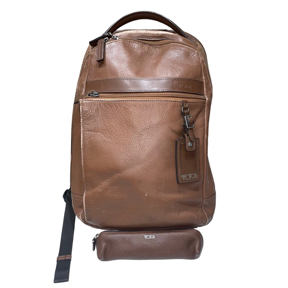 Tumi Skytop Leather Laptop Travel Business Tan Brown Backpack + Pencil Case - Image 1 of 4