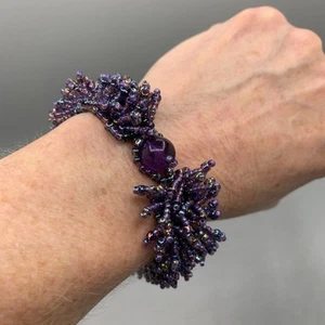 Handcrafted Purple Iridescent Seed Bead Bracelets With Amethyst Bead Closure. 7” - Picture 1 of 9