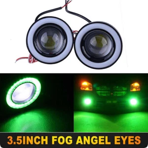 89mm Car Projector LED Fog Light Lamp Round Green COB Halo Angel Eye Ring Bulbs. - Picture 1 of 9
