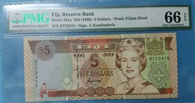 1998 Fiji 5 Dollar PMG66 EPQ <P-101a> GEM UNC  - Image 1 of 2
