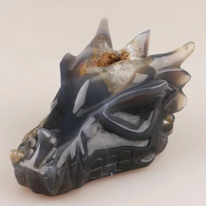 4.5" Natural Geode Agate Crystal Quartz Dragon Head Skull Hand Carved 479g - Picture 1 of 8