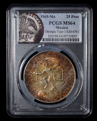 PCGS MS64 1968 Mexico Silver 25 Peso Special Label  Gorgeous Toning! - Image 1 of 4