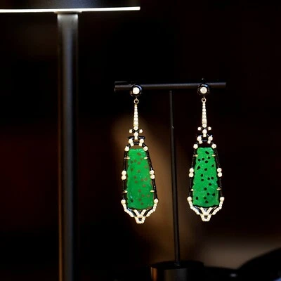 Ohrringe Clip Golden Jade Geschnitzt Grün Blumen- Kunst Deko 1920s Stil SB2 - Bild 1 von 4