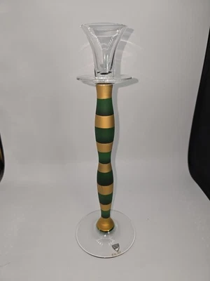 Anne Nilsson Orrefors Crystal Green and Gold Frosted Stem 13" Candlestick - Image 1 of 4