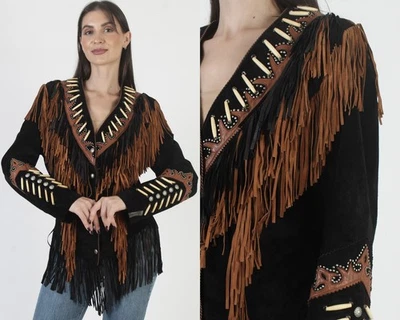 Chaqueta de Colección Negra con Flecos Abrigo Occidental de Cuero Nativo Americano del Suroeste 8 Foto 1 de 4