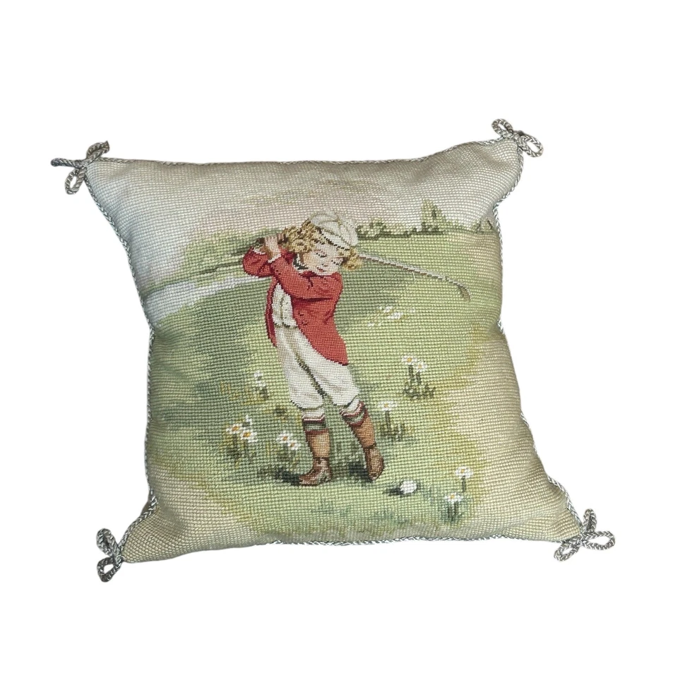 Wool Needlepoint Throw Pillow by Imperial Elegance Vintage Child Golfer 13 " - Image 1 of 4