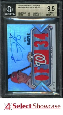 2012 TOPPS TRIPLE THREADS JERSEY AUTO #129 BRYCE HARPER RC #/99 BGS 9.5 - Image 1 of 4