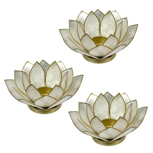 White Capiz Shell Lotus Flower Small Tealight Candle Holder Set of 3 - Picture 1 of 9
