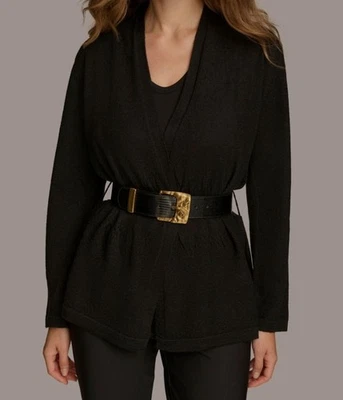 Cárdigan suéter Donna Karan New York para mujer negro de lana con cinturón talla L Foto 1 de 2