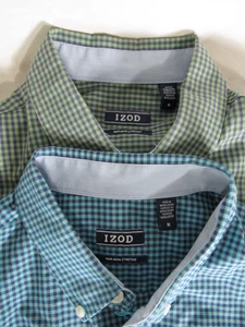 Lot of 2 IZOD Non-Iron Stretch Button Up Casual Shirts MEDIUM Blue Green Plaid - Picture 1 of 9
