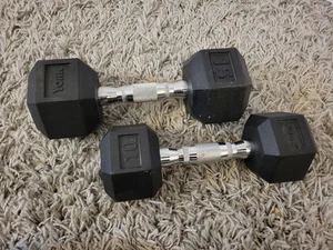 (2) York Barbell Rubber Hex Dumbbell with Chrome Ergo Handle - 15lbs & 10lbs - Picture 1 of 4