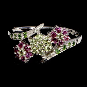925 Sterling Silver Ring Round Peridot Chrome Diopside Rhodolite Gemstone Size 7 - Picture 1 of 13