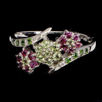 925 Sterling Silver Ring Round Peridot Chrome Diopside Rhodolite Gemstone Size 7 - Image 1 of 4