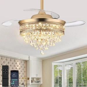 RHEAFON 36'' Dimmable Fandelier Crystal Chandelier Ceiling Fan Retractable Ce... - Picture 1 of 8