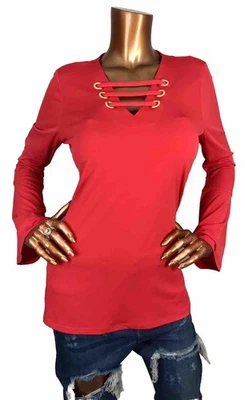 Blusa túnica Michael Kors M top stretch vermelha logotipo MK com cadarço sino longo corte Slvs V - Imagem 1 de 4