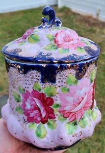 Antique HAND PAINTED Porcelain Floral BISCUIT JAR & COVER Roses - NIPPON Moriage - Picture 1 of 7