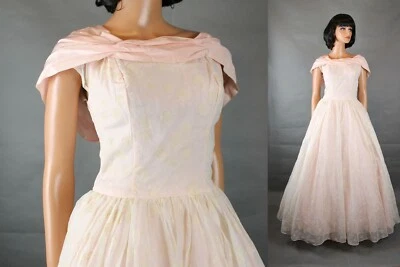 Vestido de Boda Años 50 XS S Largo Blanco Gasa Rosa Tafetán Floral Flocado Baile de graduación Vestido Foto 1 de 4