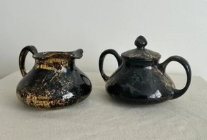 Sascha Brastoff California Keramik Zuckerdose Schwarz Gold Set - Bild 1 von 9