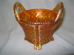 Northwood basket woven marigold carnival glass handled basket - Picture 1 of 7