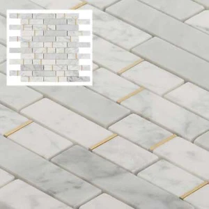 Salpicadero de azulejos de cocina entrelazados con incrustaciones de metal dorado piedra mármol blanco Carrara - Imagen 1 de 7