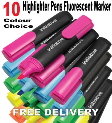 10 Initiative Highlighter Pens Fluorescent School Office Marker Highlighters