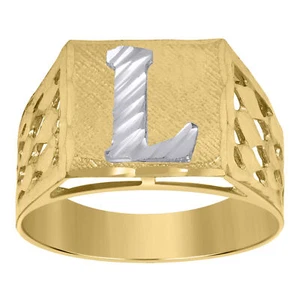 10kt Two-Tone Gold Mens Diamond-Cut Textured Initial Letter L Band Ring - Picture 1 of 2