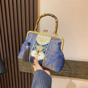 Bolso de hombro de bambú con broche de noche con dijes reales bordados chinos para damas - Imagen 1 de 7