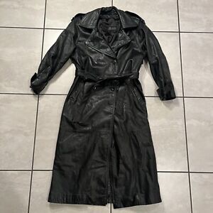 Women's Black Trench Coat Genuine Leather Winter Long Overcoat Jacket Size Large