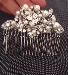 Vintage Silver Rhinestone Pearl Wedding HAIR COMB Bridal headpiece Clear - Picture 1 of 7