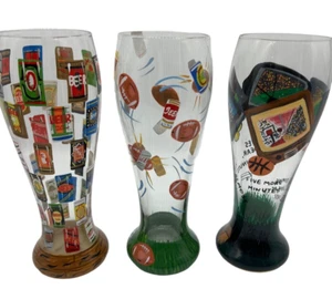 Lolita Sports Hand Painted Beer Glasses Pilsner Barware 9" Tall 22 oz Set of 3 - Picture 1 of 17
