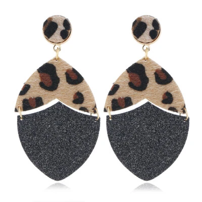 Cheetah Animal Print Glitter Leather Statement Earrings for Women Drop Jewelry - Image 1 of 4