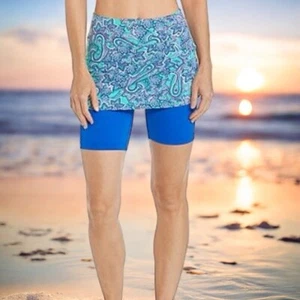 Coolibar XS Skirted Swim Short Striped UPF 50+ High Waist Blue Paisley Print - Picture 1 of 10