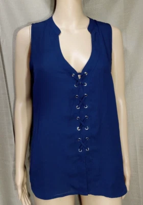 JUST FAB - TOP - Mujer Talla Mediana Azul Sin Mangas Con Cordones Frontales Pull-Over Cuello en V Foto 1 de 4