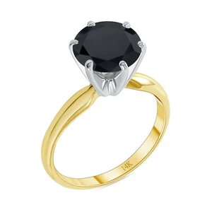 2.25 Ct Round Black Real Solid 14K Yellow Gold Solitaire Engagement Wedding Ring - Picture 1 of 3