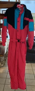 1980s Ski Suit Mens Small One Piece Snowsuit Snow Bib Retro Neon Vintage - Picture 1 of 15