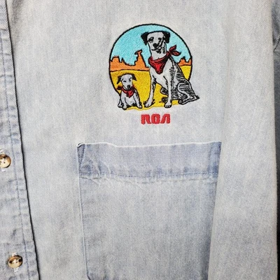 Vintage RCA Electronics Mens Size XL Denim Jean Embroidered Shirt Dog 90s - Image 1 of 4