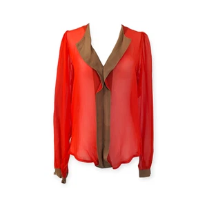 Sam & Lavi transparente rote Chiffonbluse mit braunem Kragen & Knopfleiste Anthropologie - Bild 1 von 7