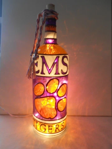 Clemson Tigers Inspired Bottle Lamp Hand painted Lighted Stained Glass Look Cover