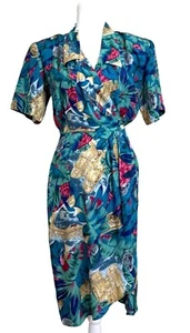 Vintage Carol Anderson Wrap Dress Tropical Palm Castle Travel 80s Size 7/8 - Picture 1 of 9