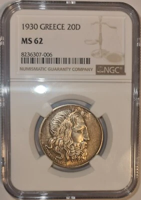 GRECIA / 1930 20 Dracmai "Poseidón" - NGC MS 62!!! Foto 1 de 2