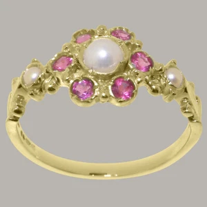 Solid 14k Yellow Gold Cultured Pearl & Pink Tourmaline Womens Ring - Picture 1 of 5