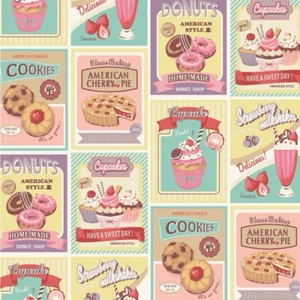 Fat Quarter Quilt Gate Hello Again Vintage Cake Pie Montage 100% Cotton Fabric - Picture 1 of 4