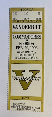 Vanderbilt vs Florida Gators 2/20/93 NCAA College Basketball Ticket Stub Cover